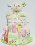 white and green lamb diaper cake