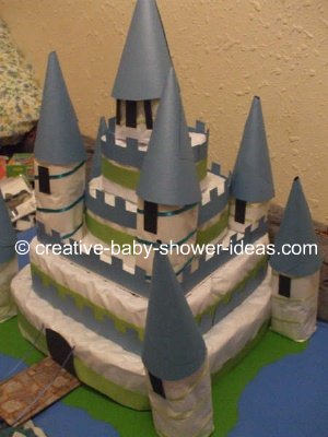 side view of castle diaper cake