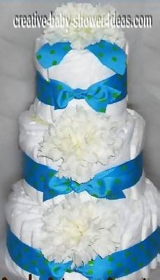 blue and white carnation diaper cake