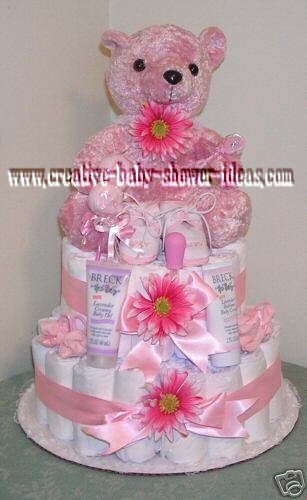 pink bear daisy diaper cake