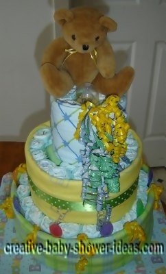 green and yellow bear diaper cake