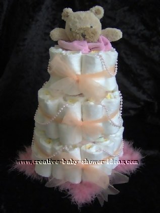 pink pearls bear diaper cake