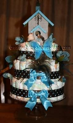 blue birdhouse diaper cake