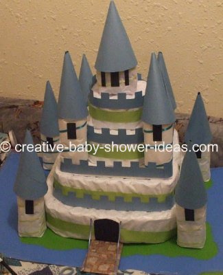 green and blue castle diaper cake