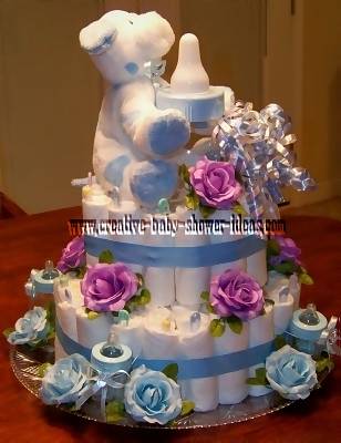 purple and blue flowers diaper cake