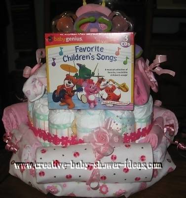 back of diaper cake with music cd