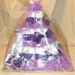 finished kansas state diaper cake wrapped in cellophane