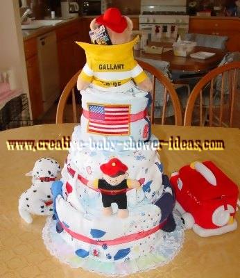 back of fireman bear diaper cake