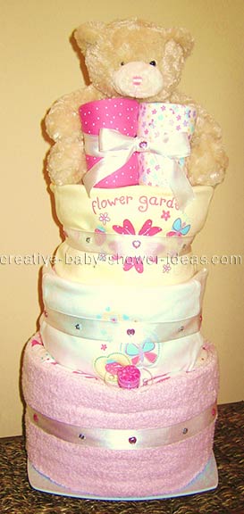 pink and cream bear diaper cake