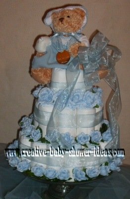 blue bear and roses diaper cake