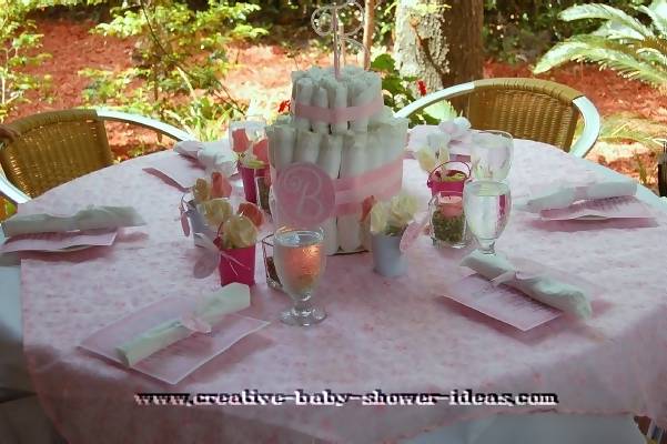 elegant garden diaper cake on baby shower table