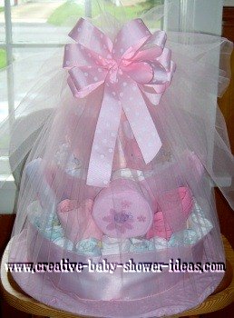 pink polka dot girl diaper cake wrapped in tulle