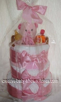 pink teddy bear girl diaper cake