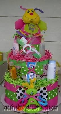 colorful bug diaper cake centerpiece