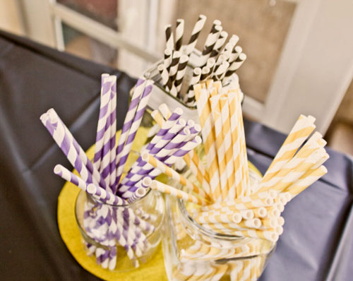 yellow, purple and black striped straws