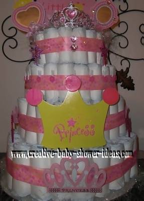 pink and yellow princess crown diaper cake