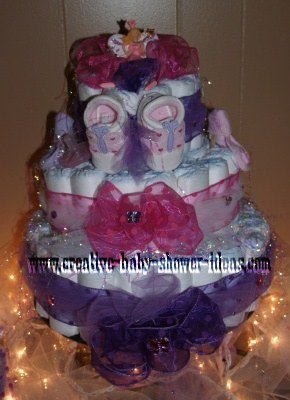 purple and pink butterfly princess diaper cake