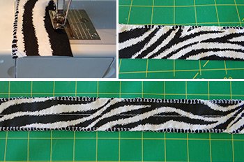 sewing machine sewing edging on ruffled strips