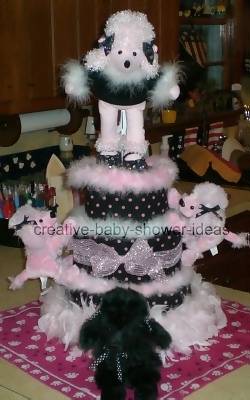 pink and black poodle diaper cake