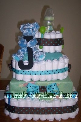 turqouise and brown polka dot diaper cake