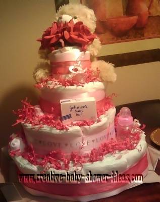 pink and white teddy bear valentine diaper cake