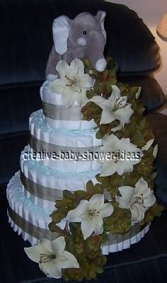 4 tier grey cream and green diaper cake with cascading flowers and grey  elephant