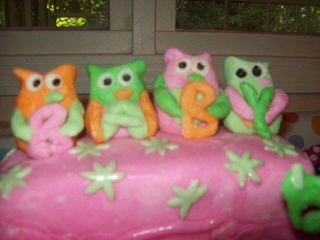 closeup of green orange and pink baby shower owls