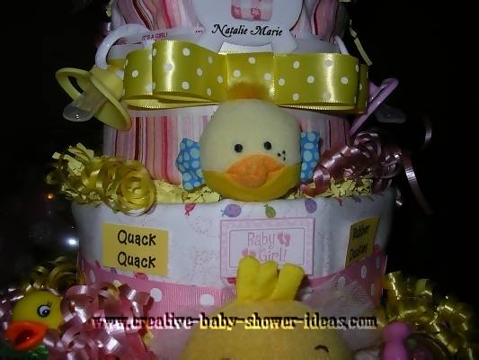 closeup of middle layers of duck diaper cake