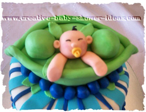 closeup of peas in a pod cake with baby face and arms peeking out