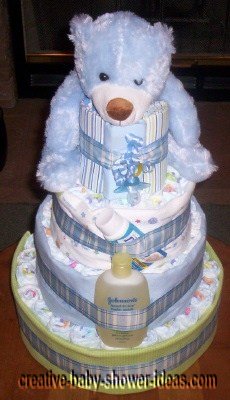 top view of blue bear diaper cake