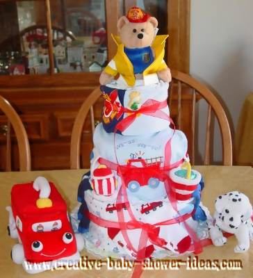 fireman bear diaper cake with firetruck and dalmation dog