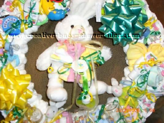 closeup of bunny rabbit diaper wreath