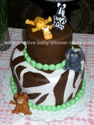 green and brown safari animals baby shower cake