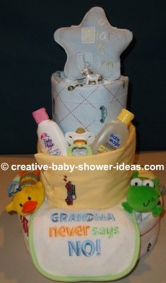 blue and yellow moon and stars diaper cake